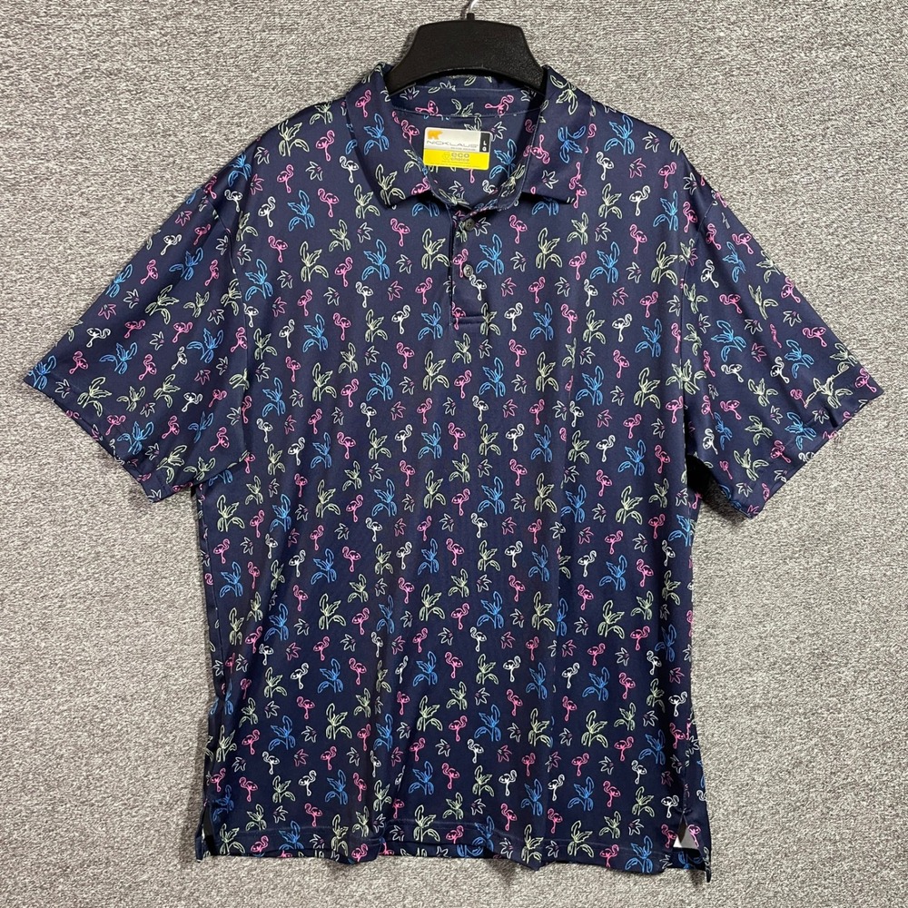 Nicklaus Eco Choice Golf Polo Shirt Mens Large Navy Flamingo Palm Tree
